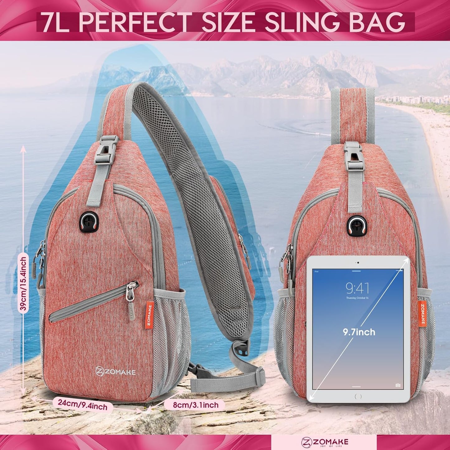 ZOMAKE Sling Bag,Small Crossbody Sling Backpack,Water Resistant Shoulder Daypack for Travel,Anti Thief Chest Bag for Hiking(Orange)
