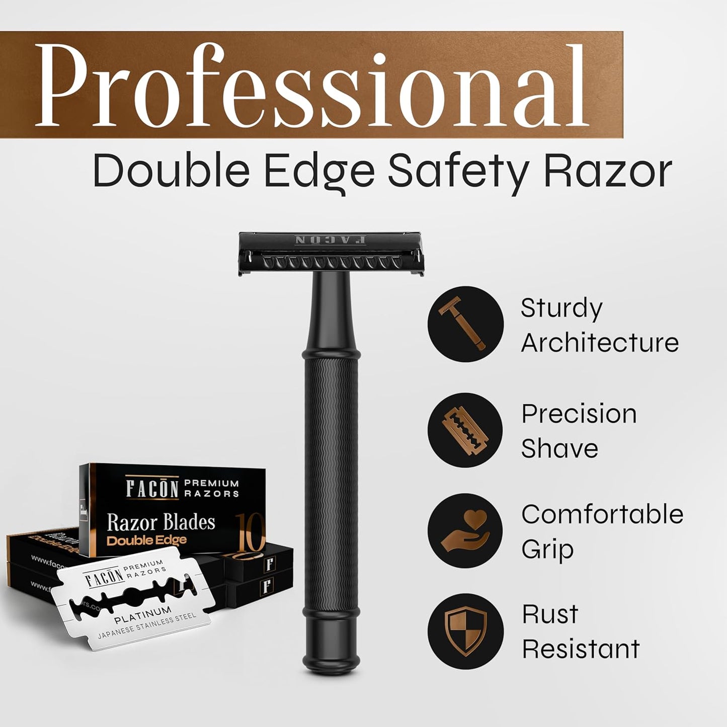 Facón Double Edge Safety Razor for Men & Women - Butterfly Open Stainless Steel Razor w/ 50 Platinum Double Edge Safety Razor Blades, Single Blade Razor for Smooth Close Shave, Reusable & Eco-Friendly