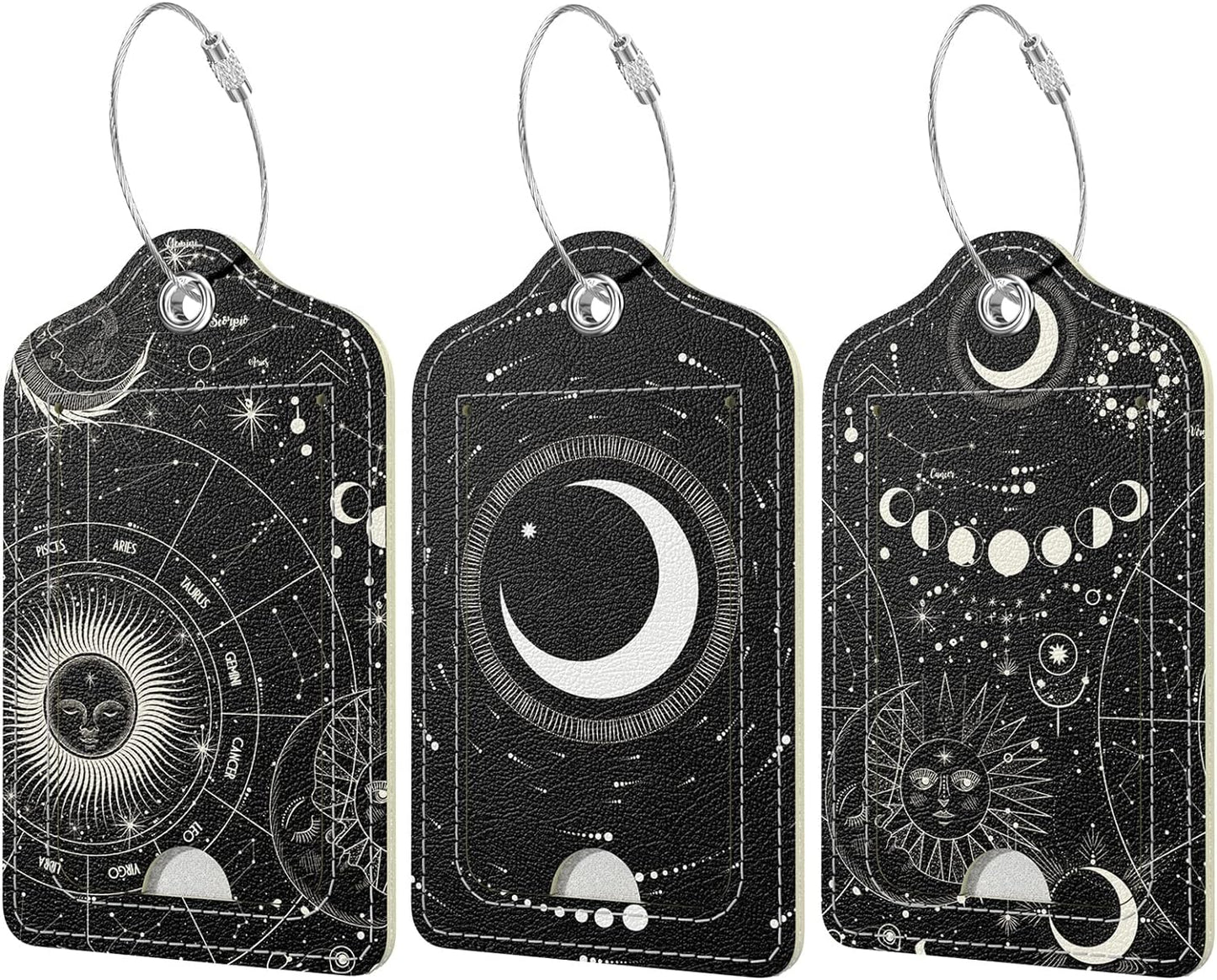 Rimilak 3 Pcs PU Leather Luggage Tags for Suitcase, Travel Cruise Luggage Tag with Privacy Flap, Name ID Label and Metal Loop for Women Men Baggage Handbag School Bag Backpack, Sun Moon