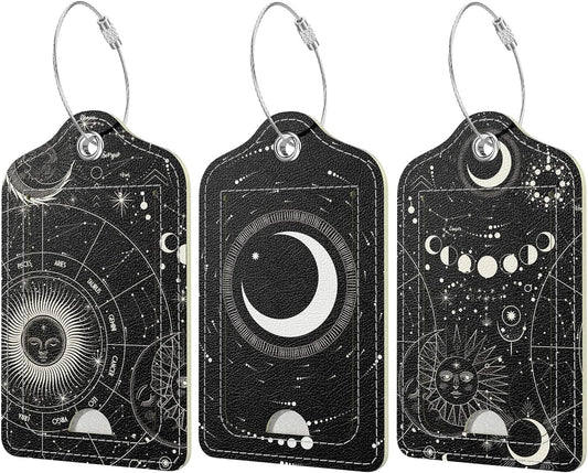 Rimilak 3 Pcs PU Leather Luggage Tags for Suitcase, Travel Cruise Luggage Tag with Privacy Flap, Name ID Label and Metal Loop for Women Men Baggage Handbag School Bag Backpack, Sun Moon