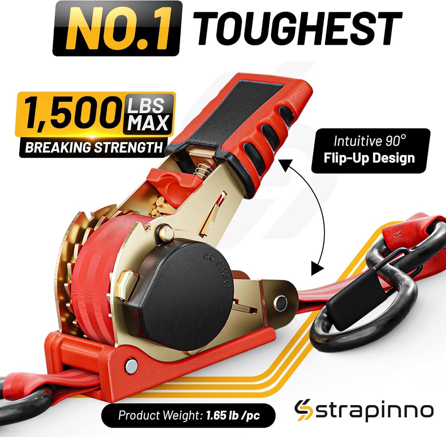 Strapinno Retractable Ratchet Straps 1 in x 10 ft, Secure Tie-Downs with Rubber-Coated Steel Handles, for Motorcycle, Jetski, Kayak, Breaking Strength 1,500LBS/680KG (Red Strap, Yellow Zinc Coated)