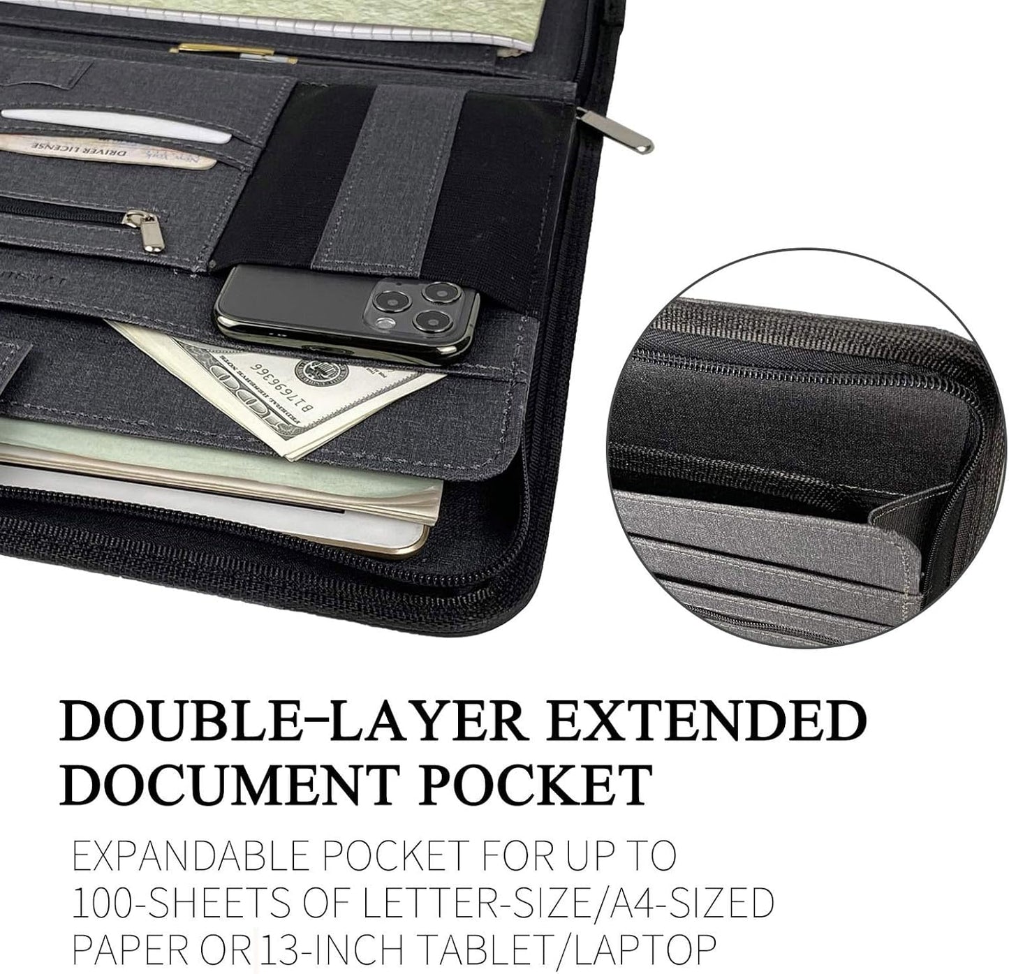 IVESIGN PU Leather Padfolio with Double Zipper, 10.1" Tablet Sleeve, Card Slots & Writing Pad - Multi-Functional Portfolio Binder for Documents, Business Card Organizer & Office Accessories