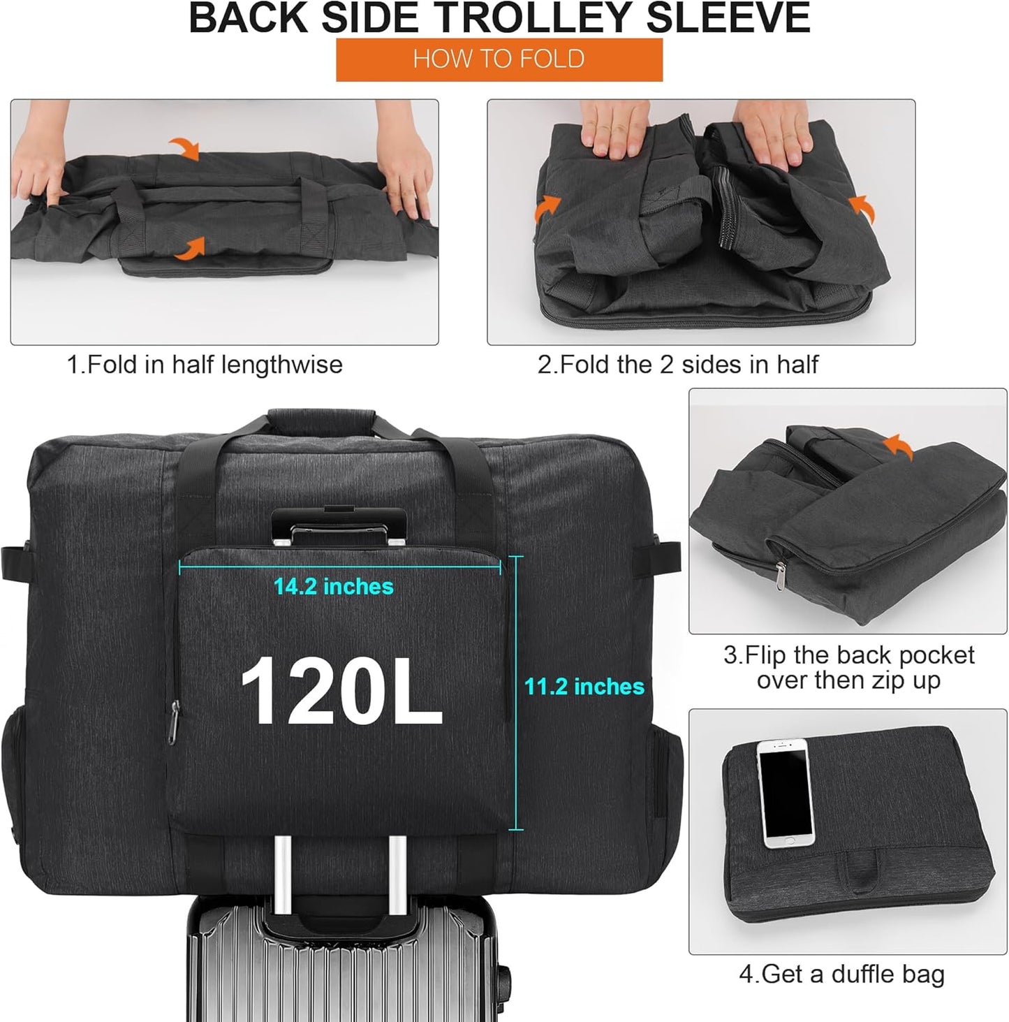 Large Travel Duffle Bag for Men Women, 80L 100L 120L Foldable Waterproof Duffle Bag, Packable Bag with Shoes Compartment for Overnight Gym Weekender Bag (Black, 120L)