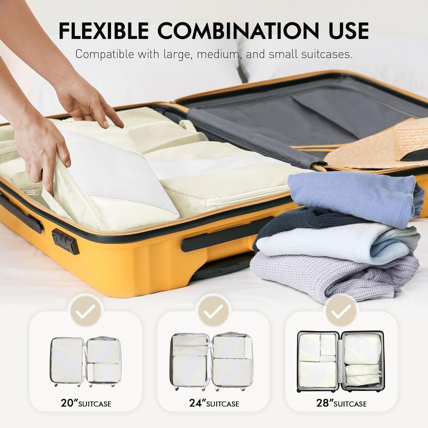 WVM Packing Cubes for Travel, 8-Piece Luggage Organizer Set with Shoe Bag, Toiletry Bag & Laundry Bag, Beige