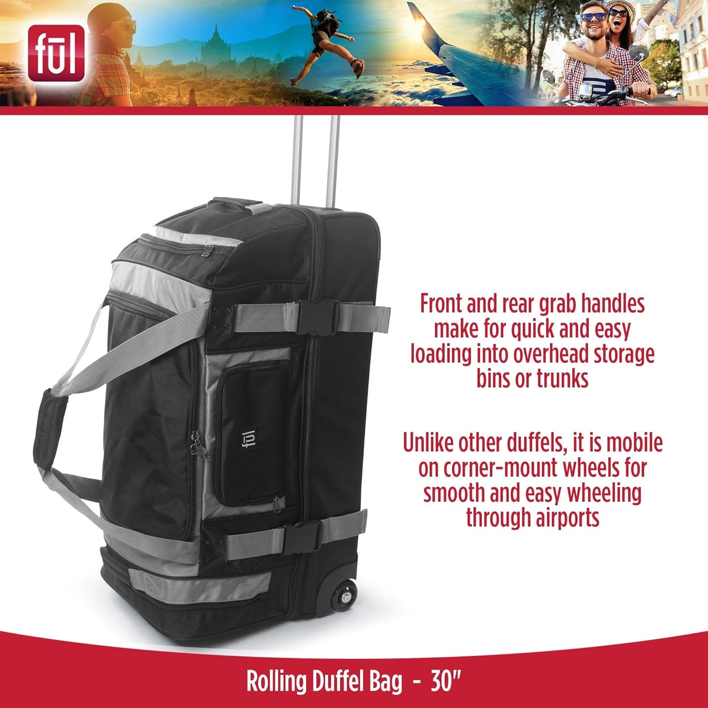 FUL Rig 30 Inch Rolling Duffel Bag, Travel Luggage with Wheels