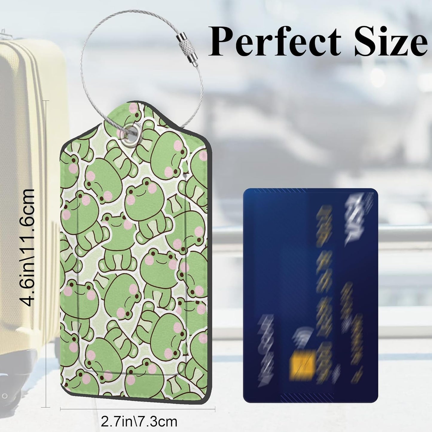 Cute Frog 2 Pack PU Leather Luggage Tags for Suitcase, Kawaii Frog in Sitting Pose Travel Tag with Privacy Flap, Name ID Label and Metal Loop for Women Men Baggage Bag