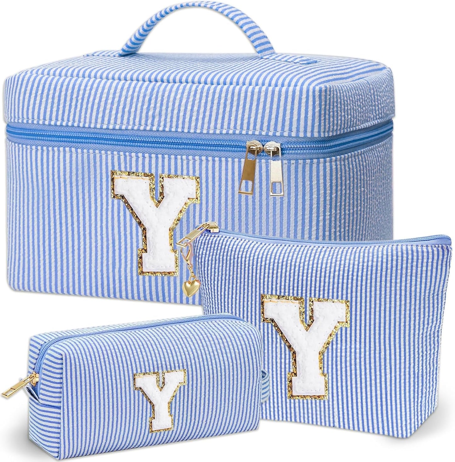 Personalized Monogram Makeup Bag, 3PCS Custom Monogrammed Toiletry Cosmetic Bag for 6-18 Teen Girls Women,Birthday Graduation Gifts Initial Pouch Makeup Bags for Women Girls, Make Up Bag (Y, Blue)