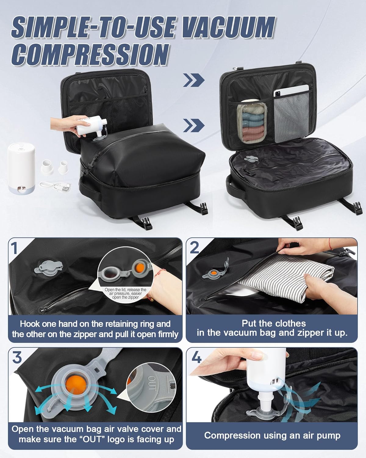 Large Garment Backpack for Travel, Vacuum Backpack Travel with Pump,Wrinkle Free Suit Carrier Backpacks for Men, Carry-on 18×14×8 Personal Item Frontier Approved 15.6" Laptop Bag for Business, Black
