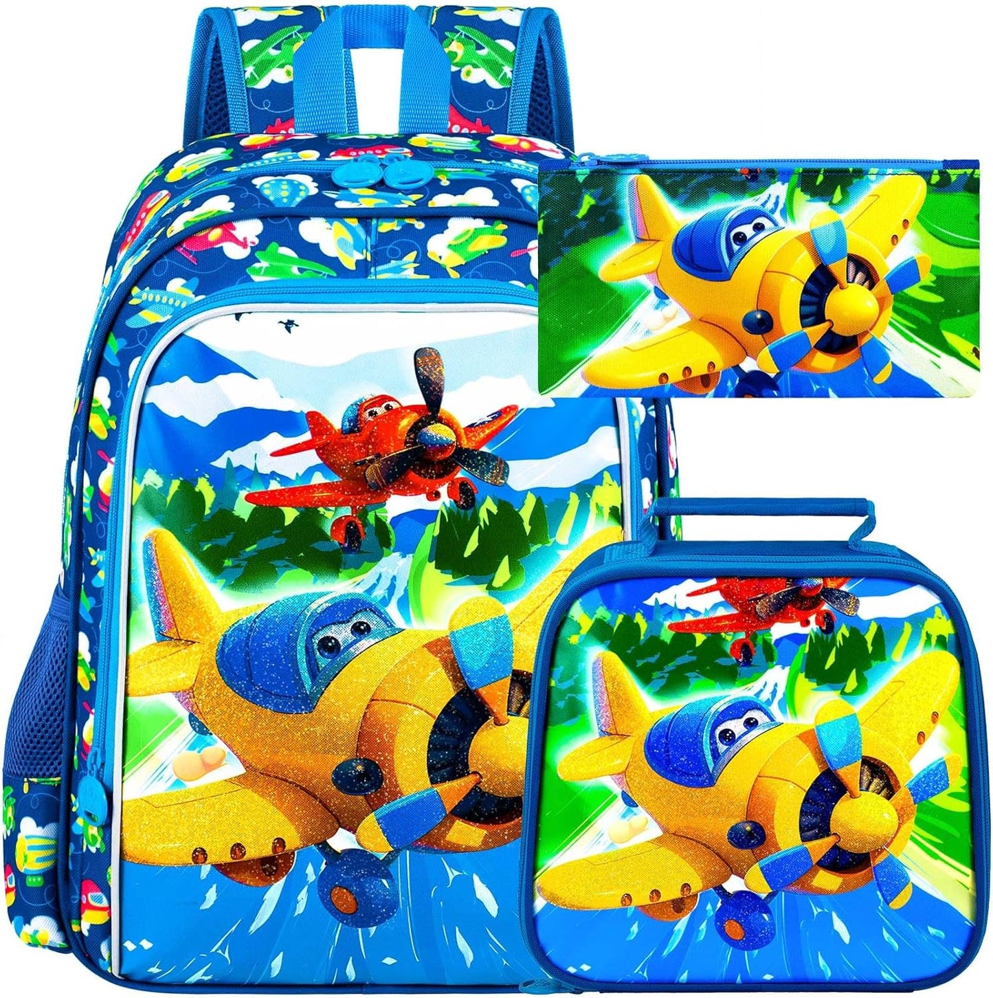 3PCS Boys Airplane Backpack, Water Resistant Kids Backpack Set with Lunch Box, Cute School Bag for Preschool Toddler