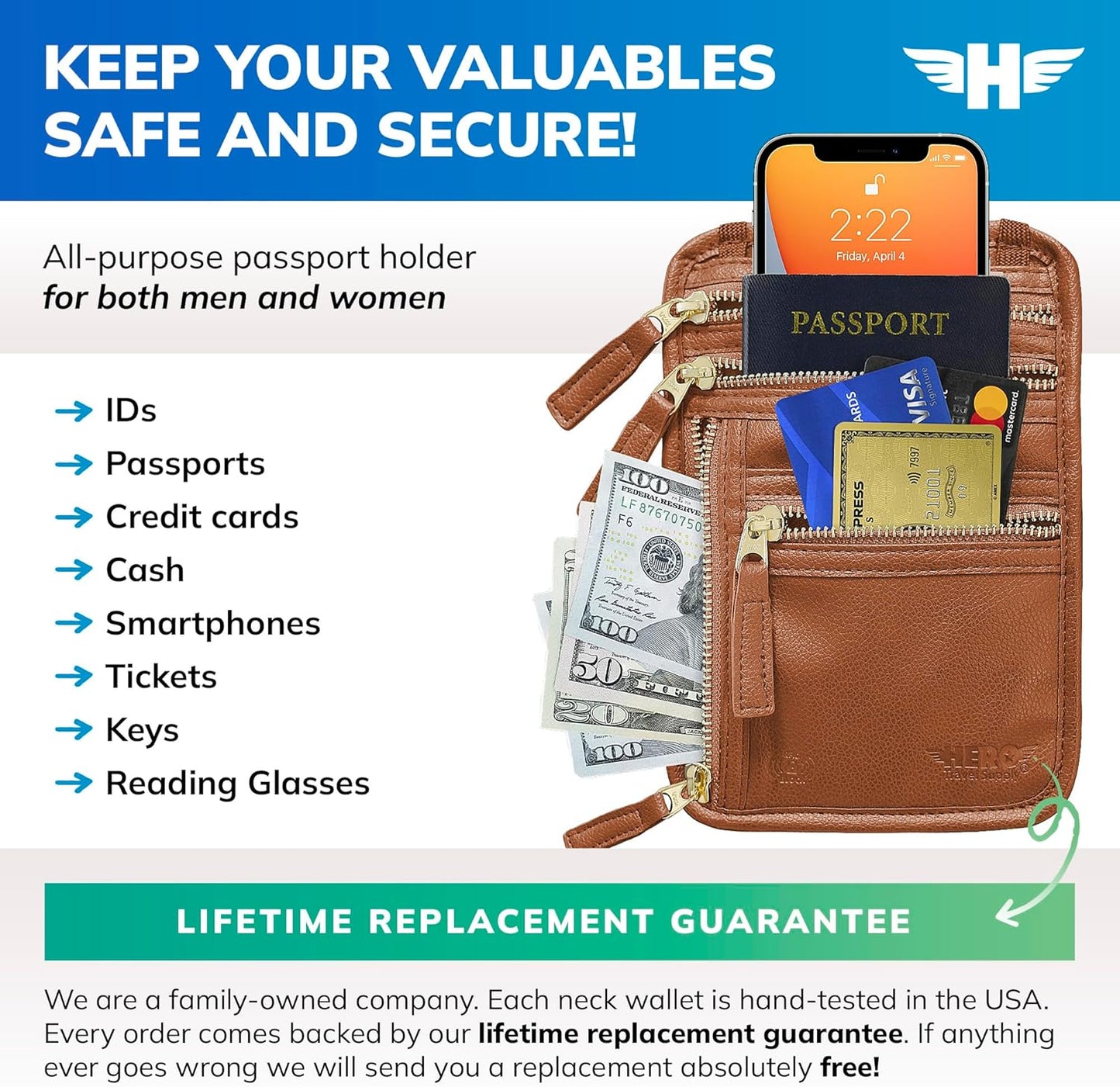 HERO Neck Wallet, RFID Blocking Vegan Leather Passport Holder & Pouch (Tan)