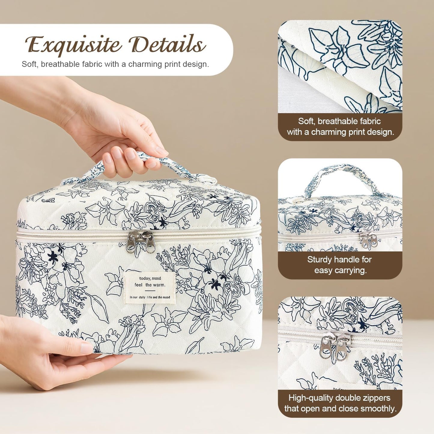 3Pcs Cotton Quilted Makeup Bag for Women Girls, Large Floral Cosmetic Bag Set Cute Makeup Brushes Aesthetic Accessories Storage Bag Flower Travel Toiletry Bag Organizer