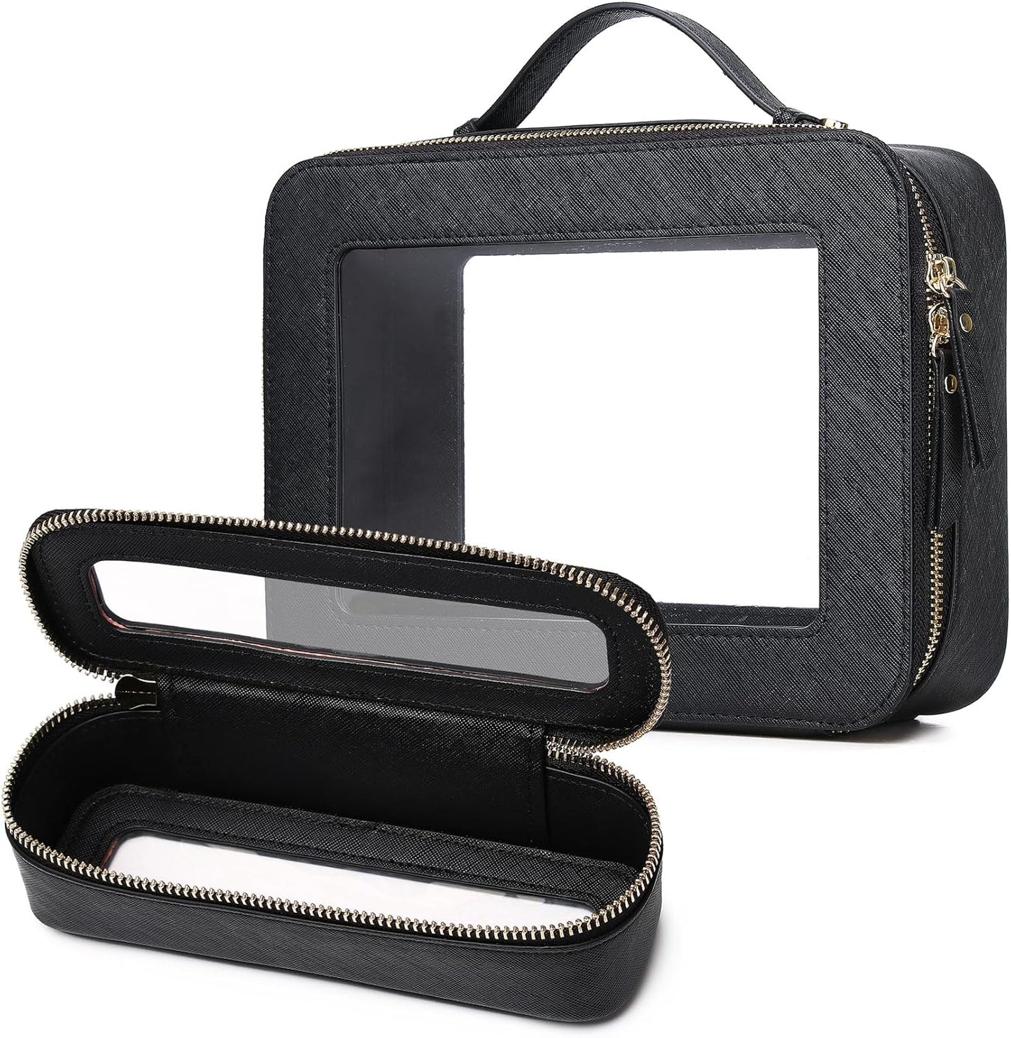 Travel Makeup Bag with Brush Case Portable Transparent Cosmetic Bag and Toiletry Bag Waterproof Makeup Organizer with Zipper Car Essential for Women (Black, L+Slim)