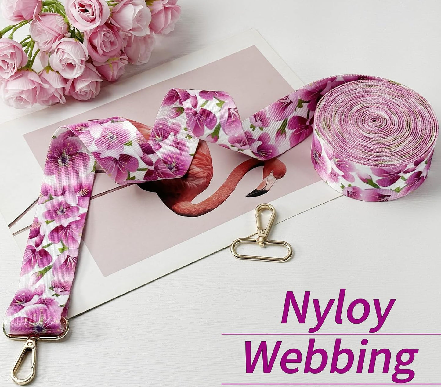 Printed Flower Nylon Webbing with Buckle 1 1/2 inch 6 Yards Pink Thick Patterned Fabric Webbing Luggage Handle Jacquard Ribbon for Backpack Bags-Seatbelt-Clothing-Sewing-DIY Crafts & Projects