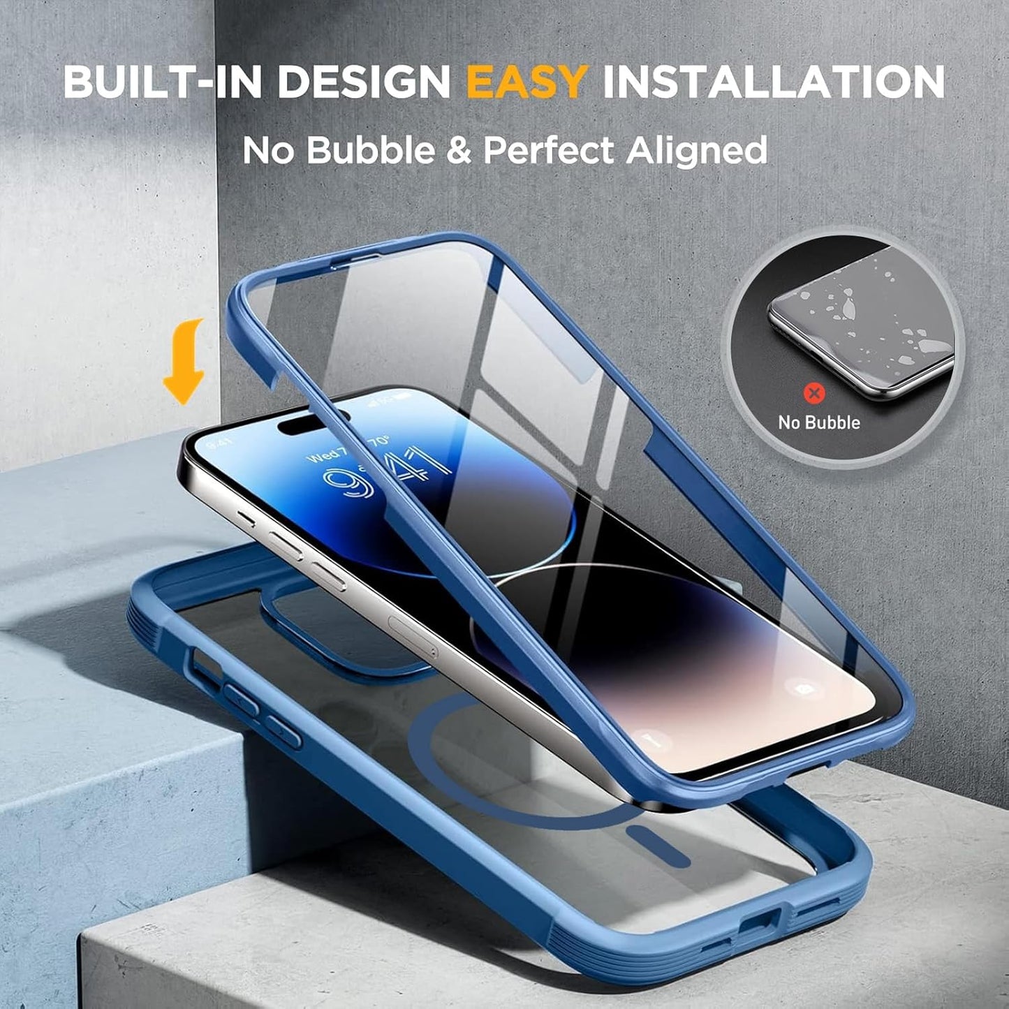 Miracase Magnetic for iPhone 14 Pro Max Case 6.7 inch, (Compatible with MagSafe) Upgrade Full-Body Clear Phone Bumper Case with Built-in 9H Tempered Glass Screen Protector, Magnetic Capri Blue