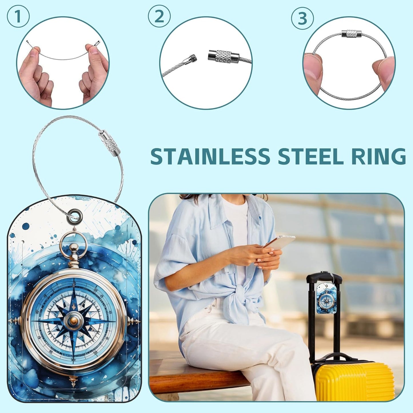 2 Pack Cute Luggage Tag for Suitcases Classic Compass Leather Luggage Tags with Stainless Steel Loop Privacy Flap Name Tags,Men and Women Travel Bag Suitcase Tags