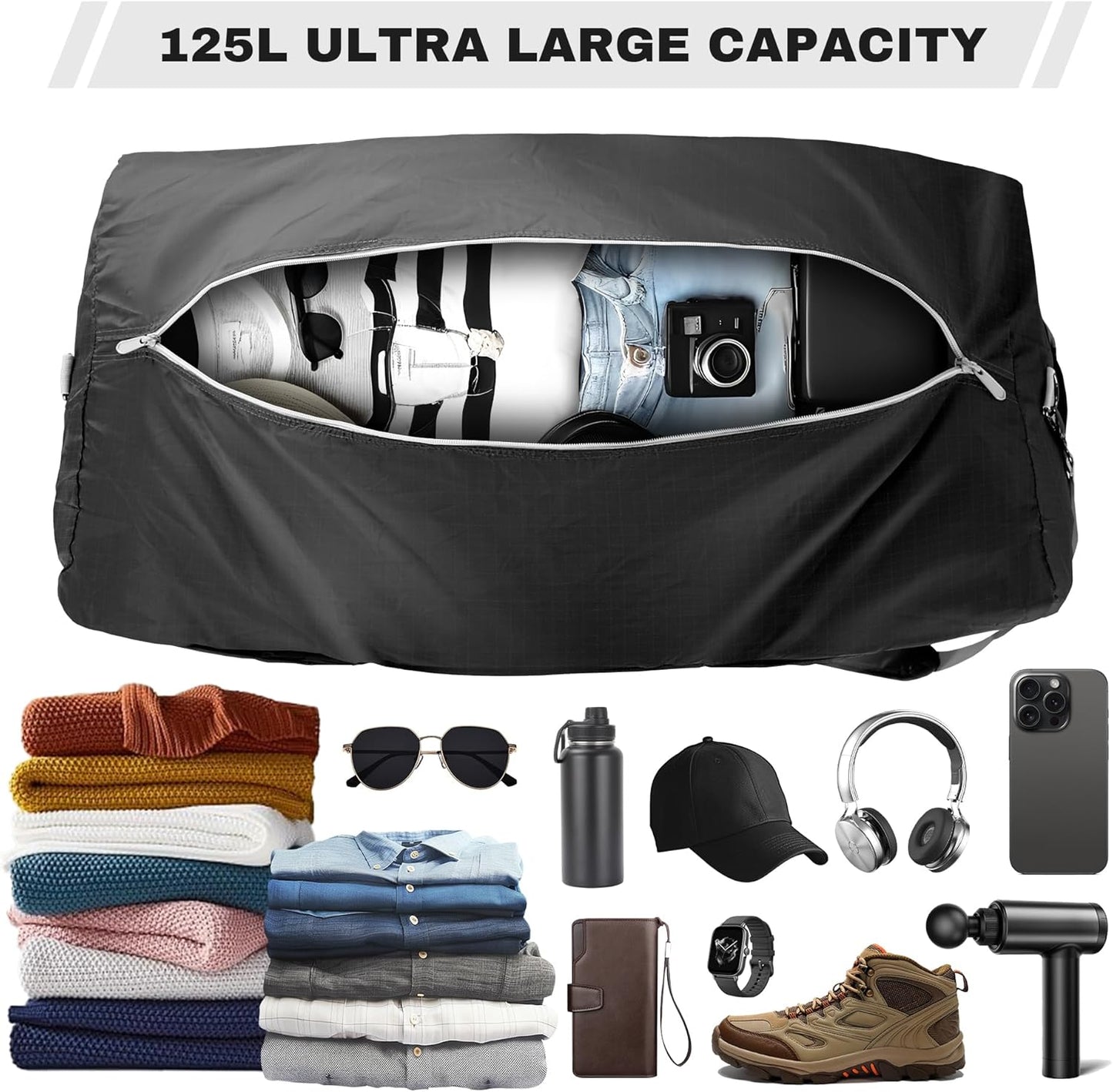 125L Foldable Duffel Bag,With shoulder strapLightweight and Waterproof for Travel - Black