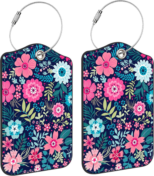 2 Pack Luggage Tags for suitcases Colorful Flowers Leather Luggage Tag, Identifiers with Privacy Name ID Label and Metal Loop for Men Women Travel Bag Suitcase