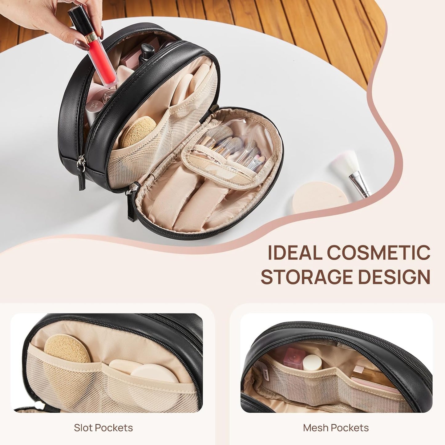 Telena Medium Makeup Bag, Travel Make Up Bag for Women, Vegan Leather Cosmetic Bag for Travel Essentials