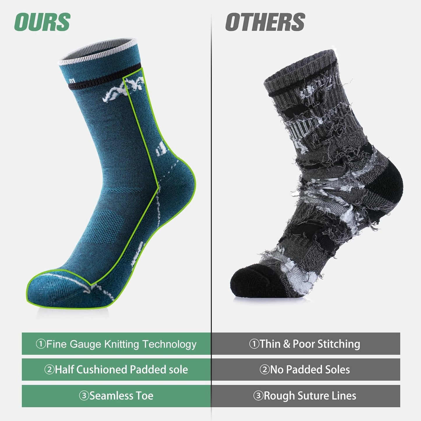 innotree 3 Pack Men's Merino Wool Hiking Socks, Micro Crew Cushioned Hiking Walking Thermal Moisture Wicking Trekking Socks