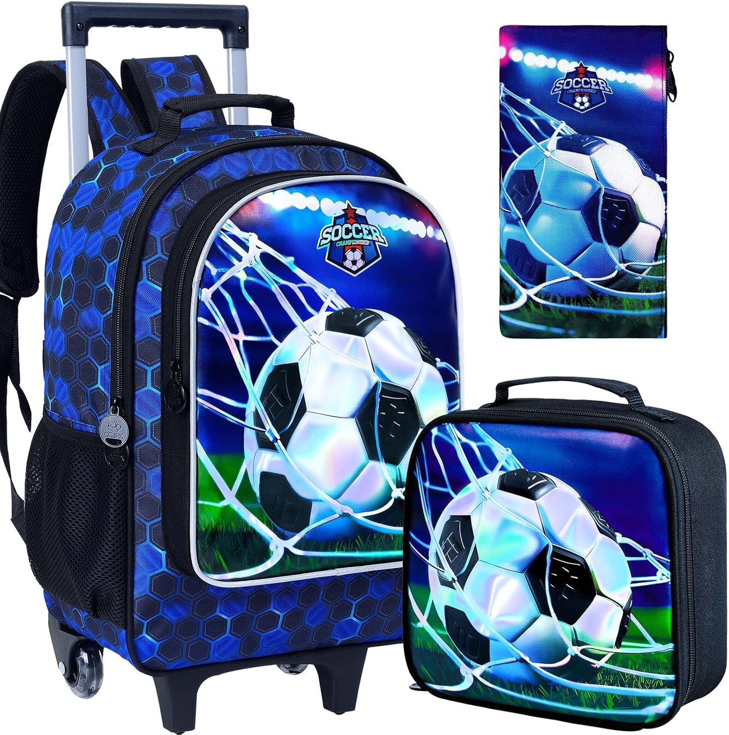 3PCS Rolling Backpack for Girls and Boys, Kids Roller Wheels Bookbag, Wheeled Elementary School Bag with Lunch Bag