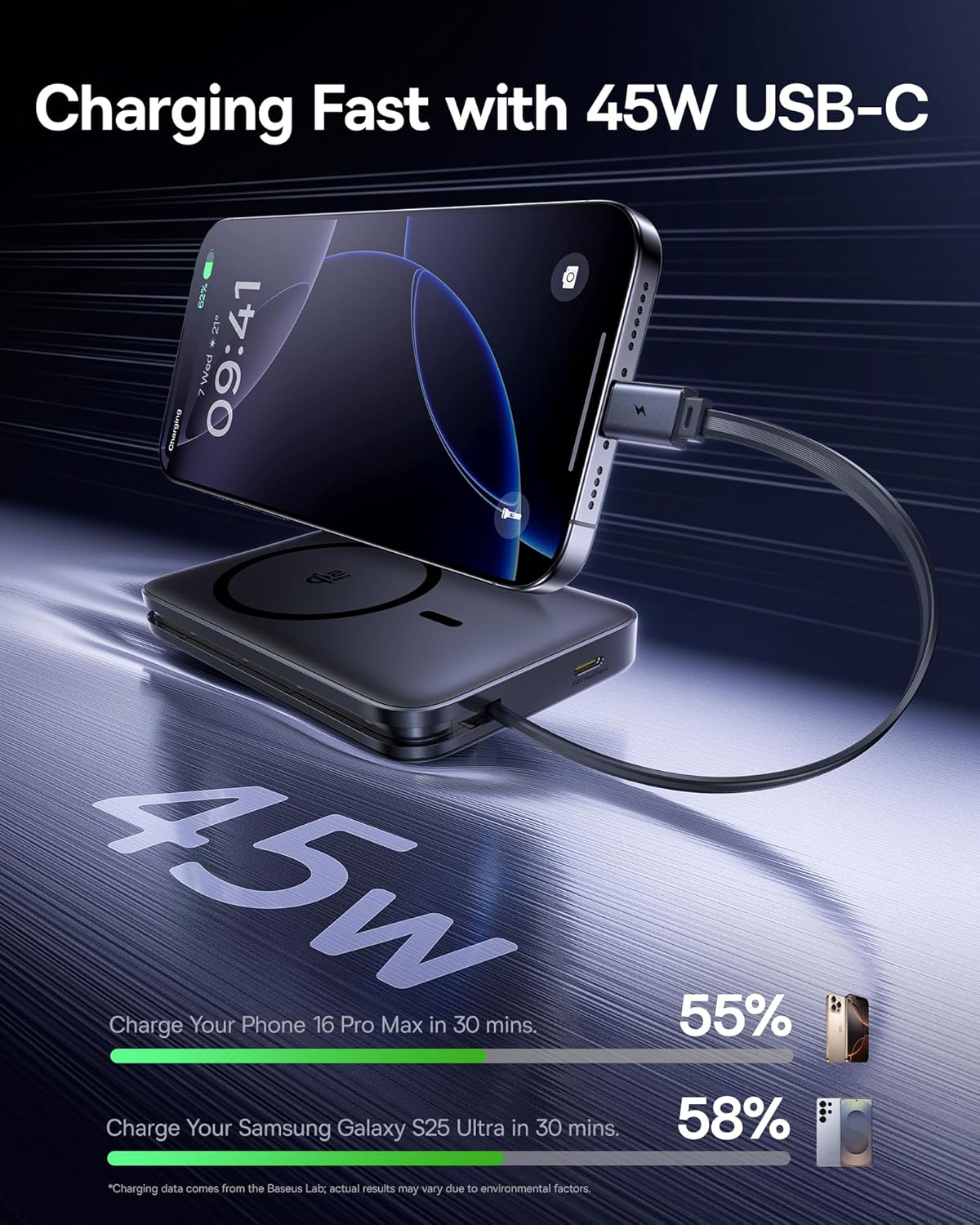 Baseus Picogo Qi2.2 25W Magsafe Portable Charger Power Bank 10000mAh 45W, with Built-in Cable USB-C Fast Charging for iPhone 17/16/15/14/13 Pro Max/Galaxy S25 / Pixel 10 Pro Black