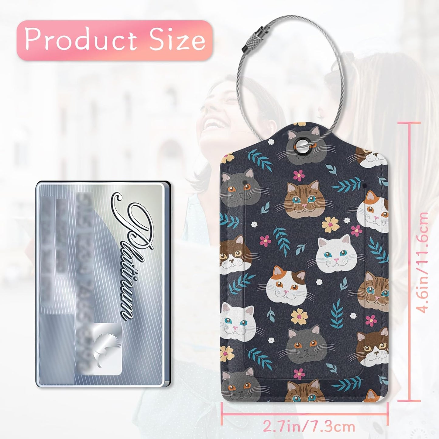 Luggage Tags for Suitcases, 2 Pack Cute Cats Luggage Tag, Leather Stainless Steel Loop Label Tag for Men Travel Bag Suitcase