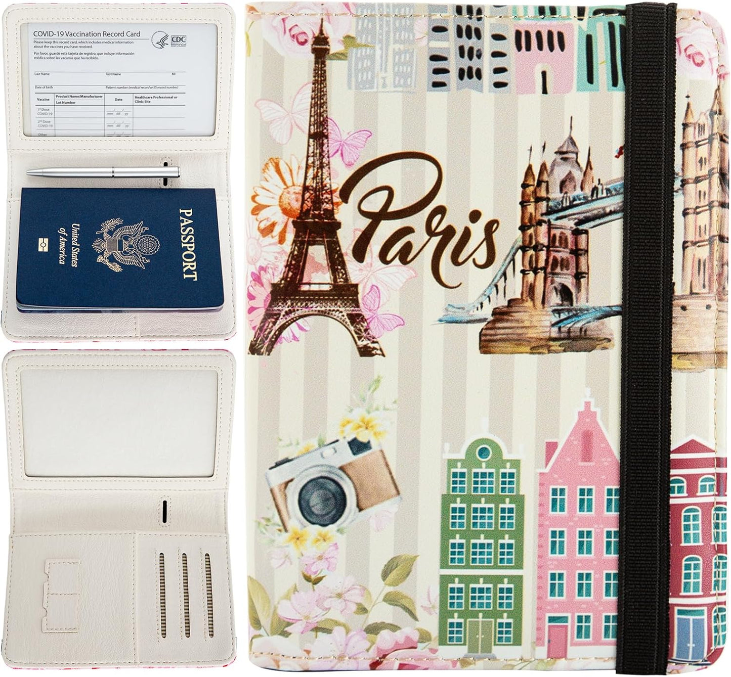 Passport and Vaccine Card Holder Combo,Passport Holder Wallet Rfid Blocking for Men Women Travel Document Holder Case Cover (Eiffel Tower)