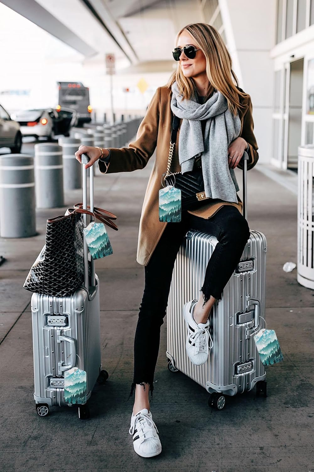 2 Pack Luggage Tags Travel Green Mountains Peaks Spectacular PU Cute Leather Luggage Tag Name ID Labels with Privacy Cover Suitcases Women Men Girls Boys Fun Laggage Tags(Mountain top)