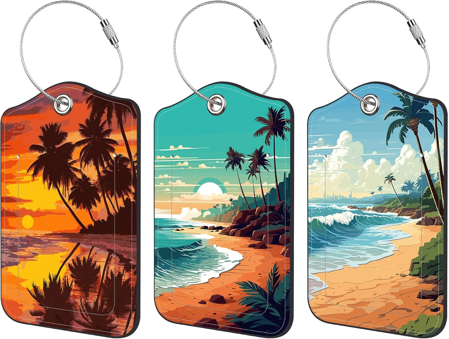 Beach Palm Trees Luggage Tag for Suitcase 3 Pack Leather Luggage Tag with Privacy Flap Name ID Label and Metal Loop for Women Men Travel