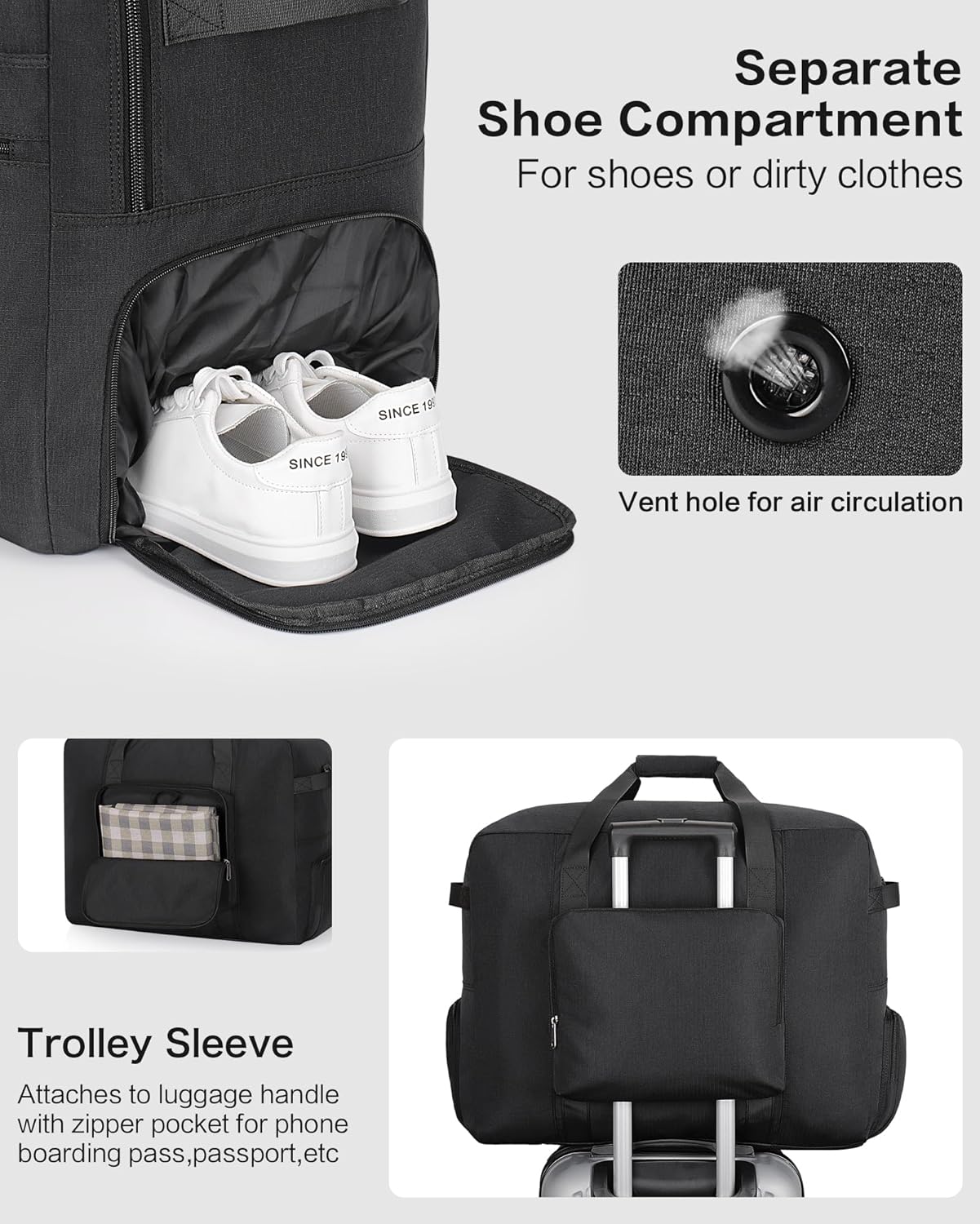 80L Foldable Large Travel Duffle Bag for Men and Women, Packable Duffel Bags with Shoe Compartment, Water Repellent & Tear Resistant (Black)