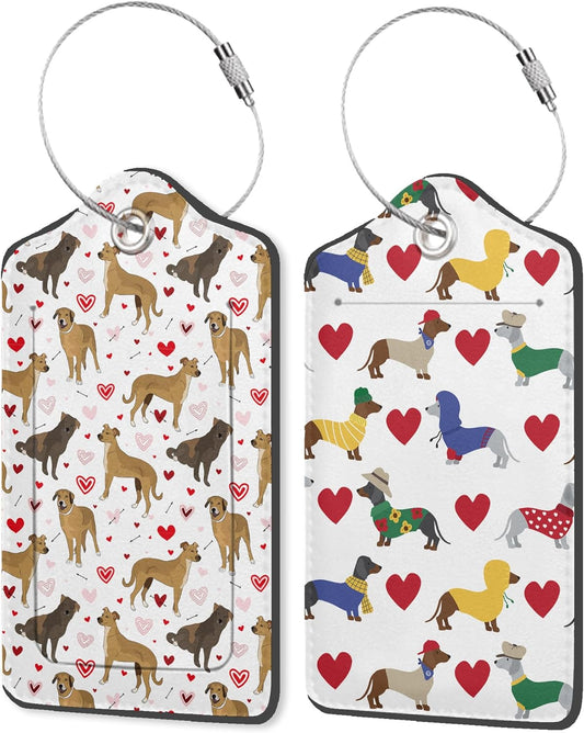 Cute Colorful Dog 2 Pack PU Leather Luggage Tags for Suitcase, Red Heart Travel Cruise Tag with Privacy Flap, Name ID Label and Metal Loop for Women Men Baggage Handbag School Bag