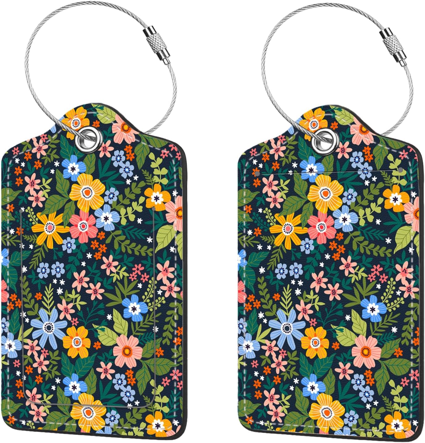 2 Pcs Luggage Tags for Suitcase, Cute Unique PU Leather Travel Bag Tag with Privacy Cover ID Label Address Card and Durable Metal Ring Suitable for Men Women Children Backpack,Flower