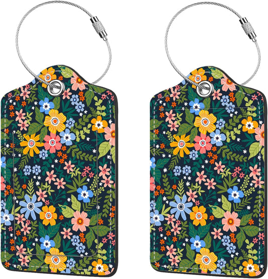 2 Pcs Luggage Tags for Suitcase, Cute Unique PU Leather Travel Bag Tag with Privacy Cover ID Label Address Card and Durable Metal Ring Suitable for Men Women Children Backpack,Flower