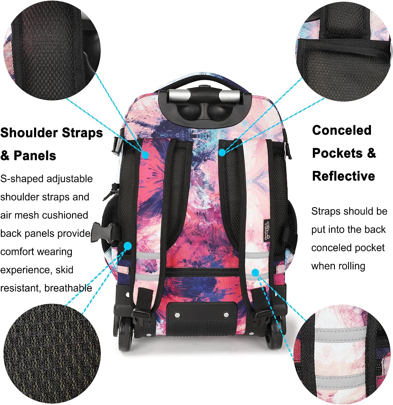 Tilami Rolling Backpack & Lunch bag for Kids 19 Inch Wheeled Bookbag for Boys & Girls for School & Travel,Pink wave