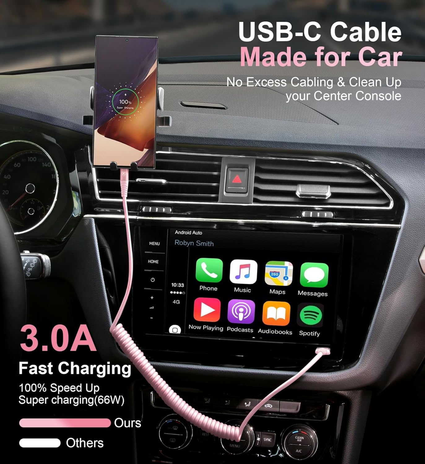 Coiled USB A to USB C Cable for Car [2-Pack, 6ft], USB Type C Cable Fast Charging, iPhone USB-C Charger Cable Compatible with iPhone 17/16/15/Plus/Pro/Pro Max/Samsung Galaxy A10e A20 A50 S20 S10E-Pink