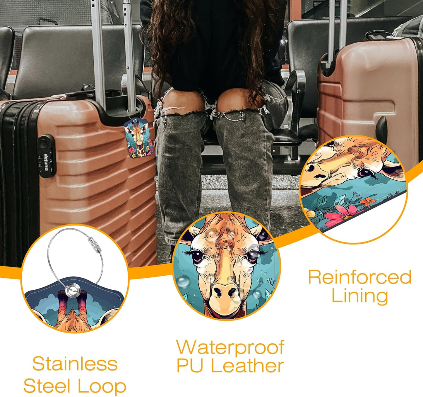 3 Pack PU Luggage Tags for Suitcase, Cute Giraffe Suitcase Tag Leather Privacy Cover ID Label with Stainless Steel Loop for Baggage Handbag School Bag Backpack