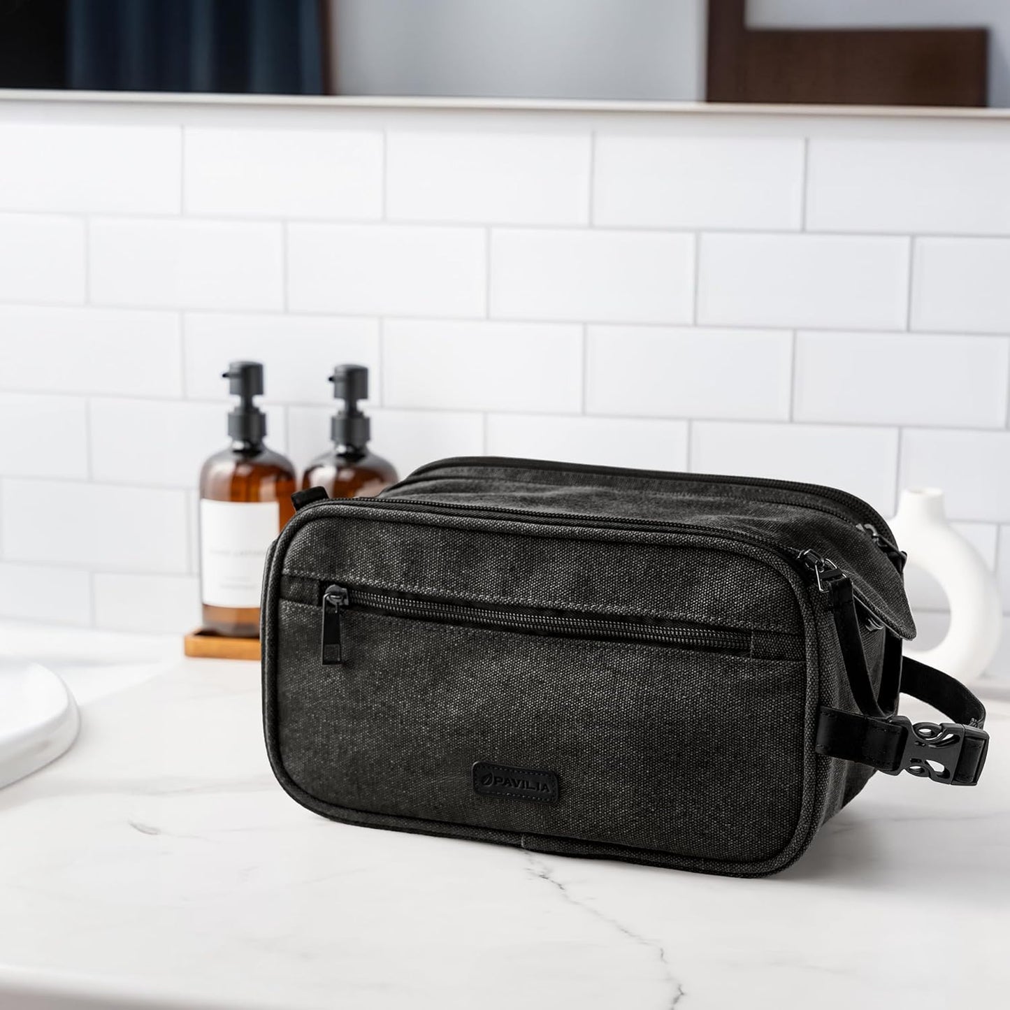 PAVILIA Toiletry Bag for Men, Canvas Travel Dopp Kit, Extra Large Water Resistant Hygiene Bag Toiletries Organizer, Shaving Kit Travel Accessories Bag, Black, Extra Large