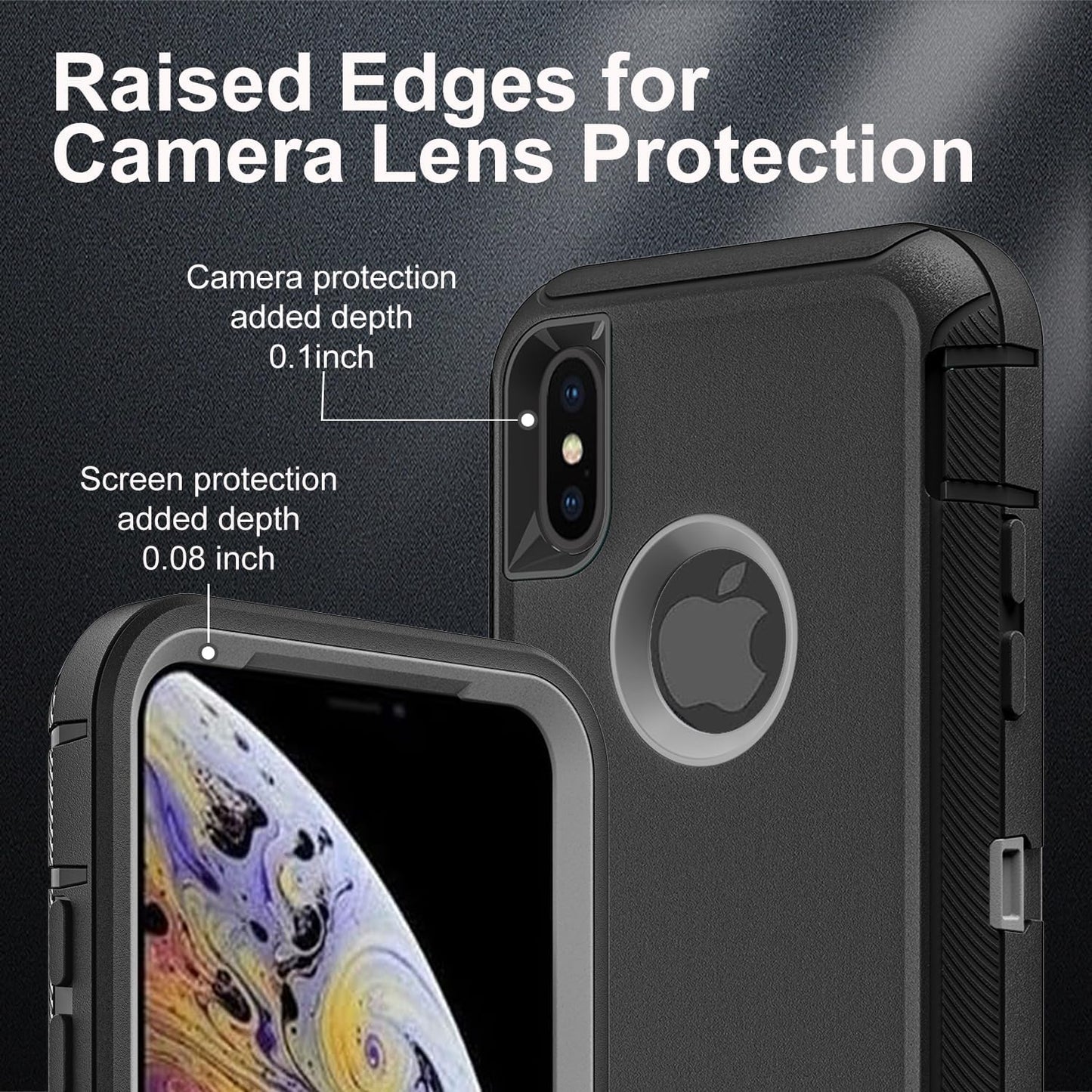 for iPhone Xs Max Case, Military Grade 3 in 1 Heavy Duty Shockproof/Drop Proof/Dust Proof Case with 2Pcs Tempered Glass Screen Protector (Black/Grey)