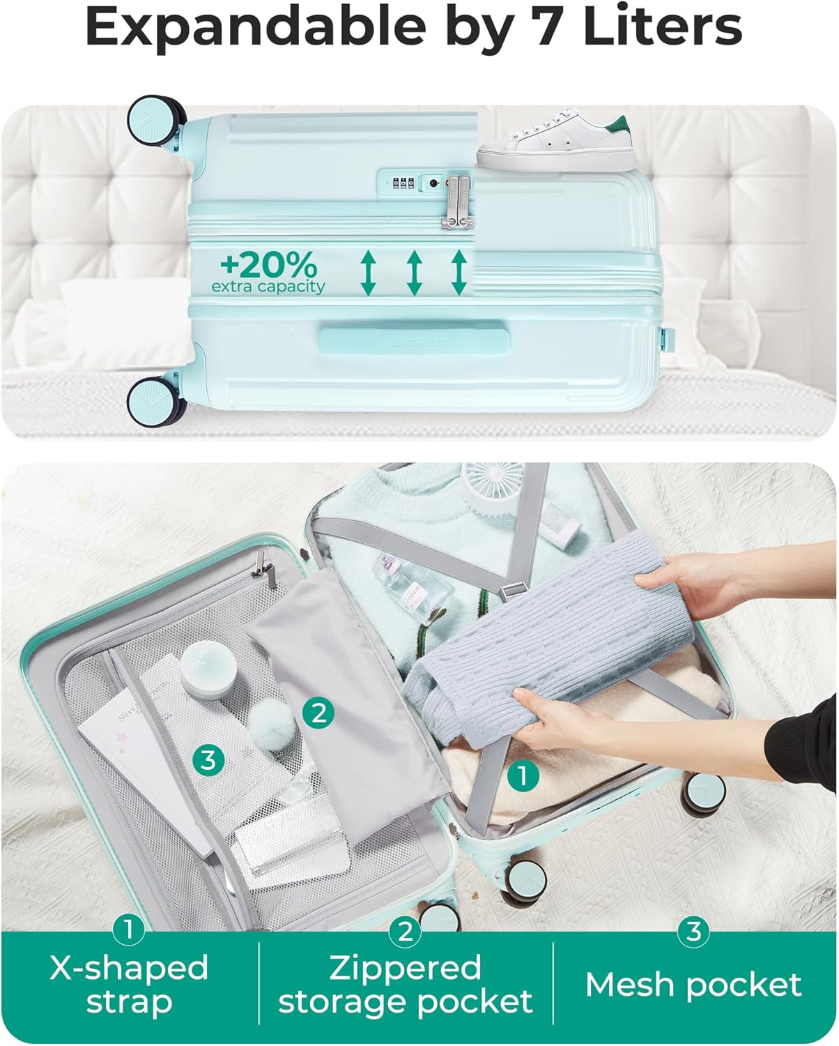 BAGSMART Carry On Luggage 22x14x9 Airline Approved with Spinner Wheels,100% PC Hardside Expandable Luggage with TSA Lock for Trips, 20 Inch Rolling Suitcases for Men Women,Green