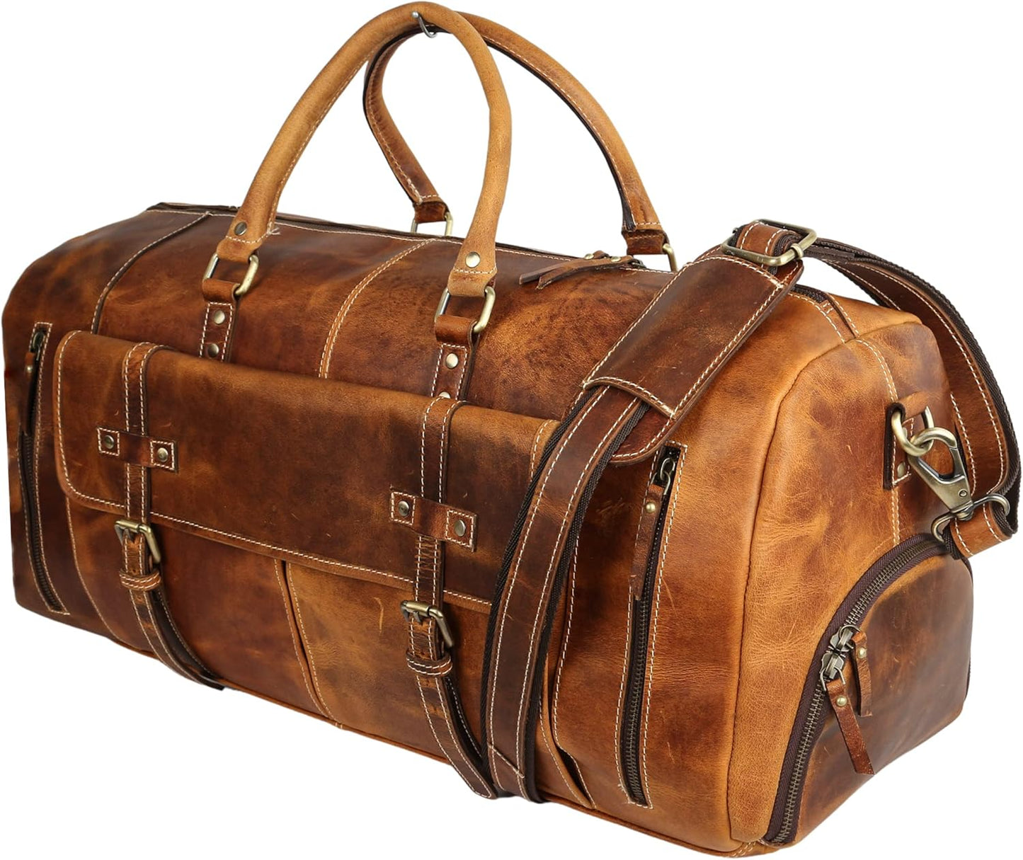 KomalC Leather Duffel Bags for Men and Women Full Grain Leather Travel Overnight Weekend Leather