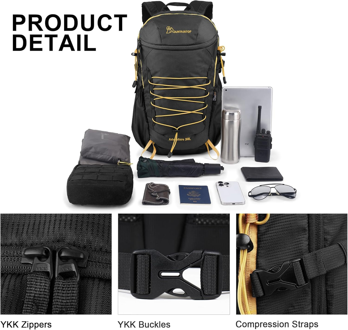 MOUNTAINTOP Hiking Backpack,30L Camping Backpack, Men Women Hiking Daypack Lightweight Travel Backpack for Climbing(Black)