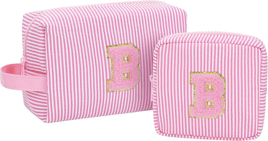 MONSTINA Cute Makeup Bag for Girls&Women Personalized Initial Toiletry Bag,Make Up Case for 11 12 13 14 15 16 Years Old Teen Girls Gift Trendy Stuff Birthday Gift for Her,2PCS Pink B