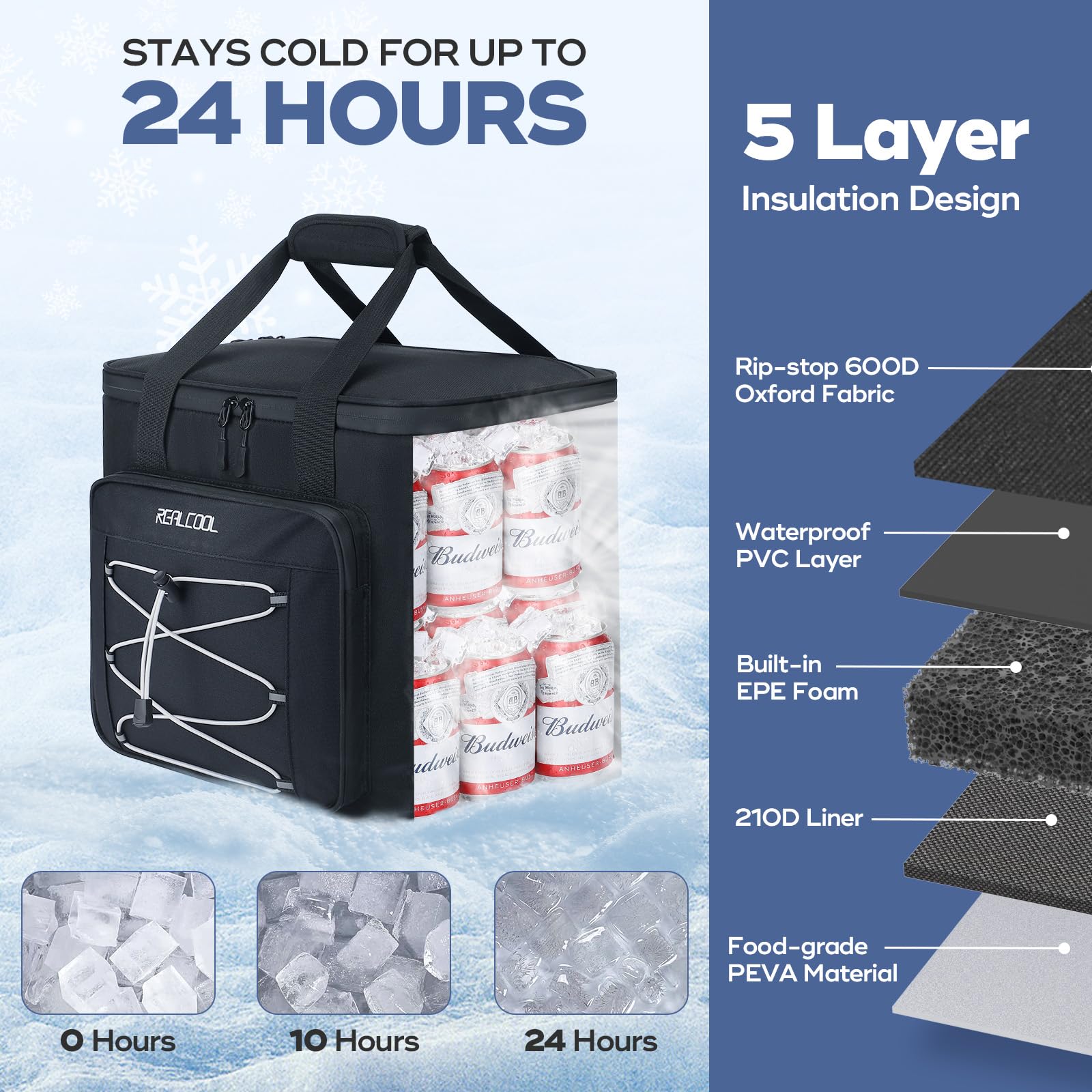 RealCool 35 Can Collapsible Soft Cooler, Leakproof Insulated Ice Chest Bag