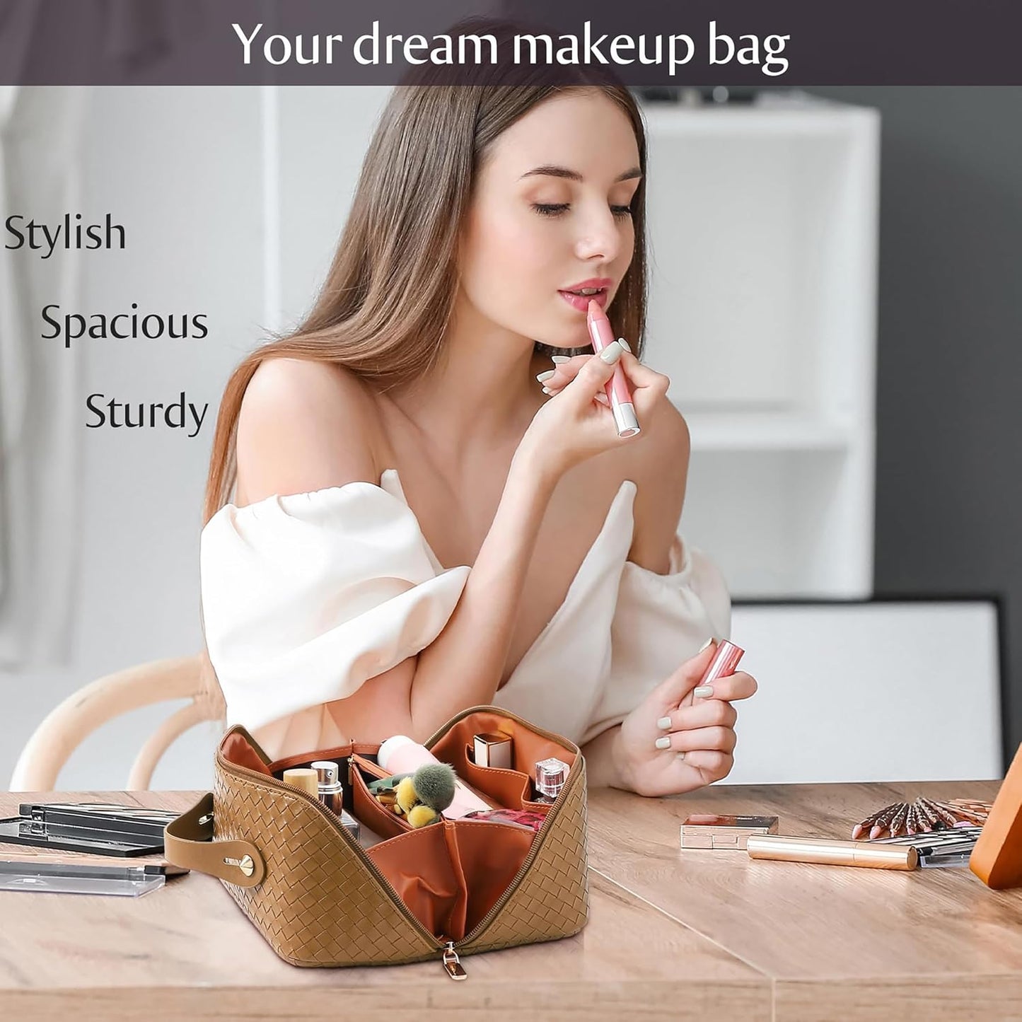 Large Capacity Travel Cosmetic Bag - Portable Makeup Bags for Women Waterproof PU Leather Checkered