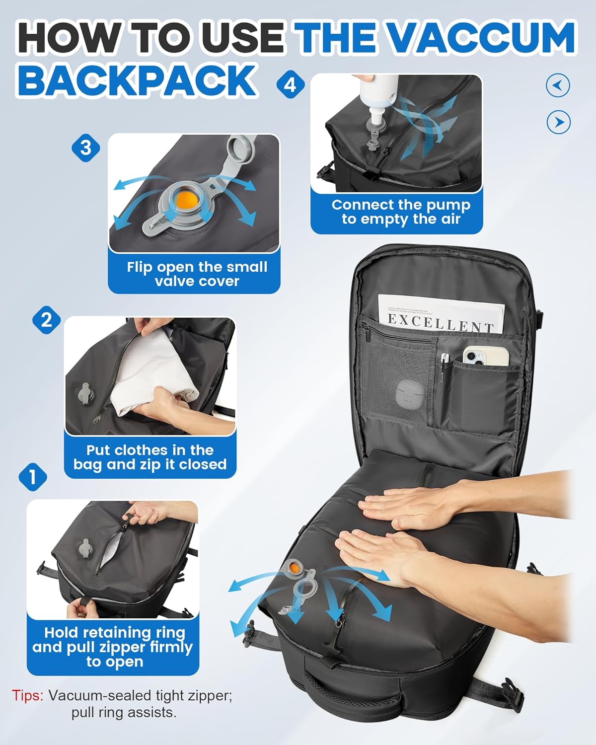Vacuum Seal Travel Backpack with Air Pump,Compression Vacpack Waterproof Carry On Backpack for Travel Women men with Vacuum System,Airlines Approved Daypack Laptop Space Saver Bags,Black