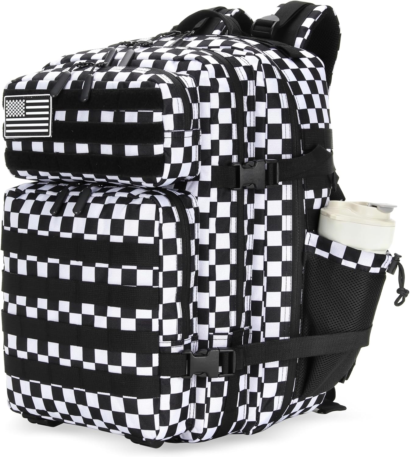 25L Tactical Military Backpack Small Travel Rucksack for Men and Women Assault Pack Bug Out Bag Molle Daypack Gym Backpack with Bottle Holder (Black White Checkered)