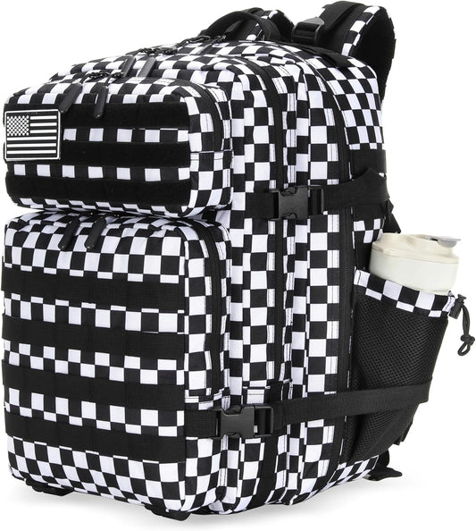 25L Tactical Military Backpack Small Travel Rucksack for Men and Women Assault Pack Bug Out Bag Molle Daypack Gym Backpack with Bottle Holder (Black White Checkered)