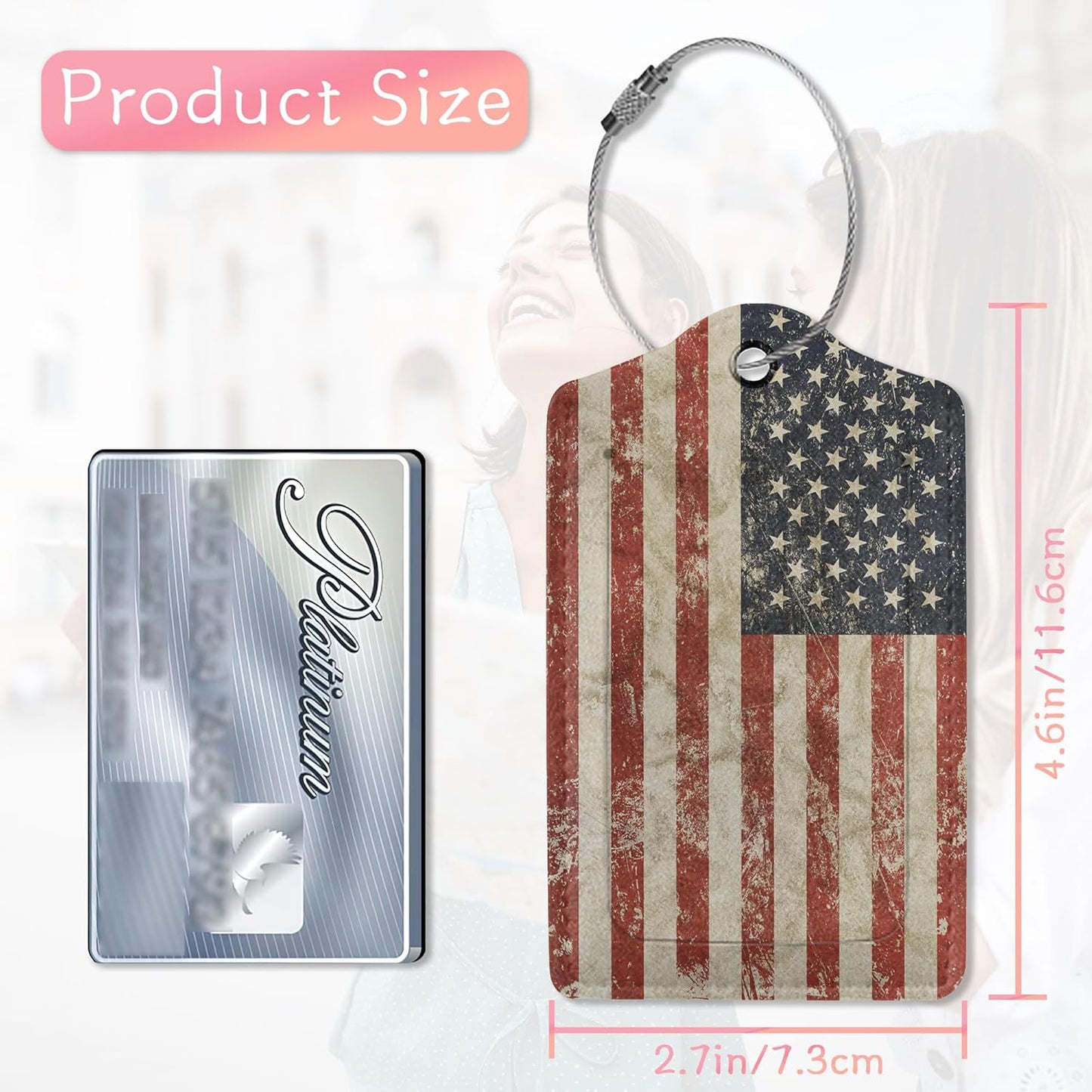 2 Pack Luggage Tags for Suitcases, Retro American Flag Luggage Tag, Leather Stainless Steel Loop Label Tag for Men Travel Bag Suitcase
