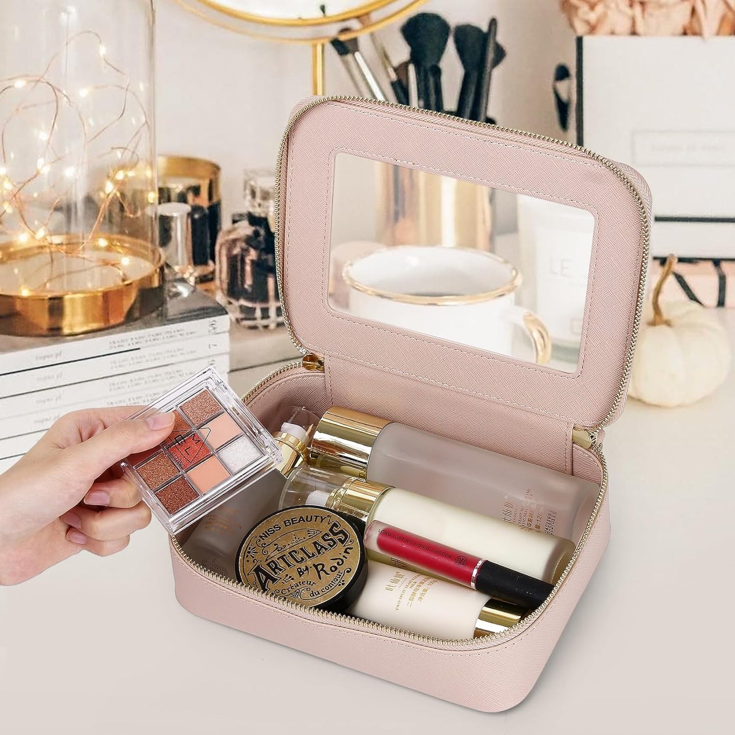 Clear Makeup Bag Women's Waterproof Travel Cosmetic Case and Toiletry Bag Portable Makeup Organizer Bag Car Essential with Zipper (Pink, M-1)