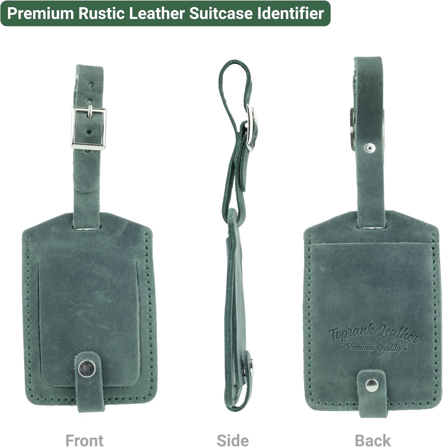 Toprank Leather Genuine Luggage Tags – Durable Leather Bag Tags for Travel, Baggage & Accessories (Green)